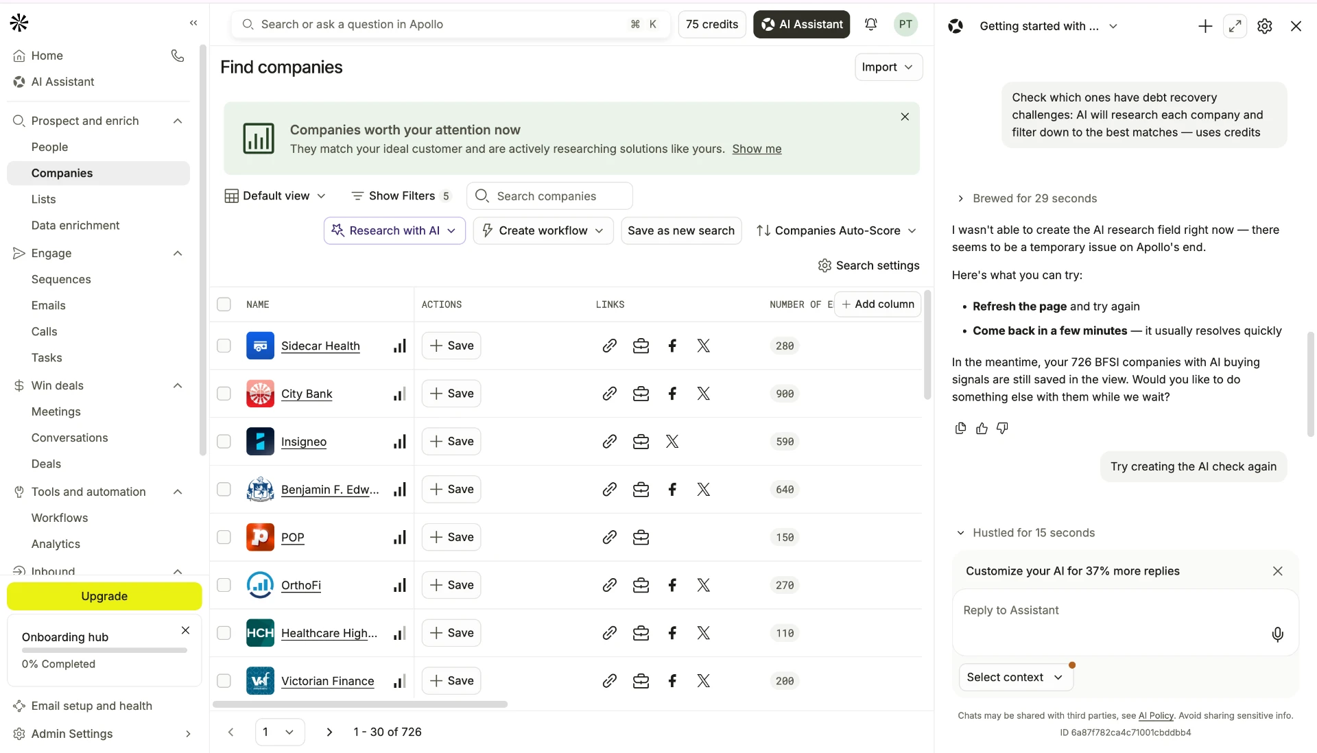 Apollo.io company search returning 726 results with the AI research step reporting an error