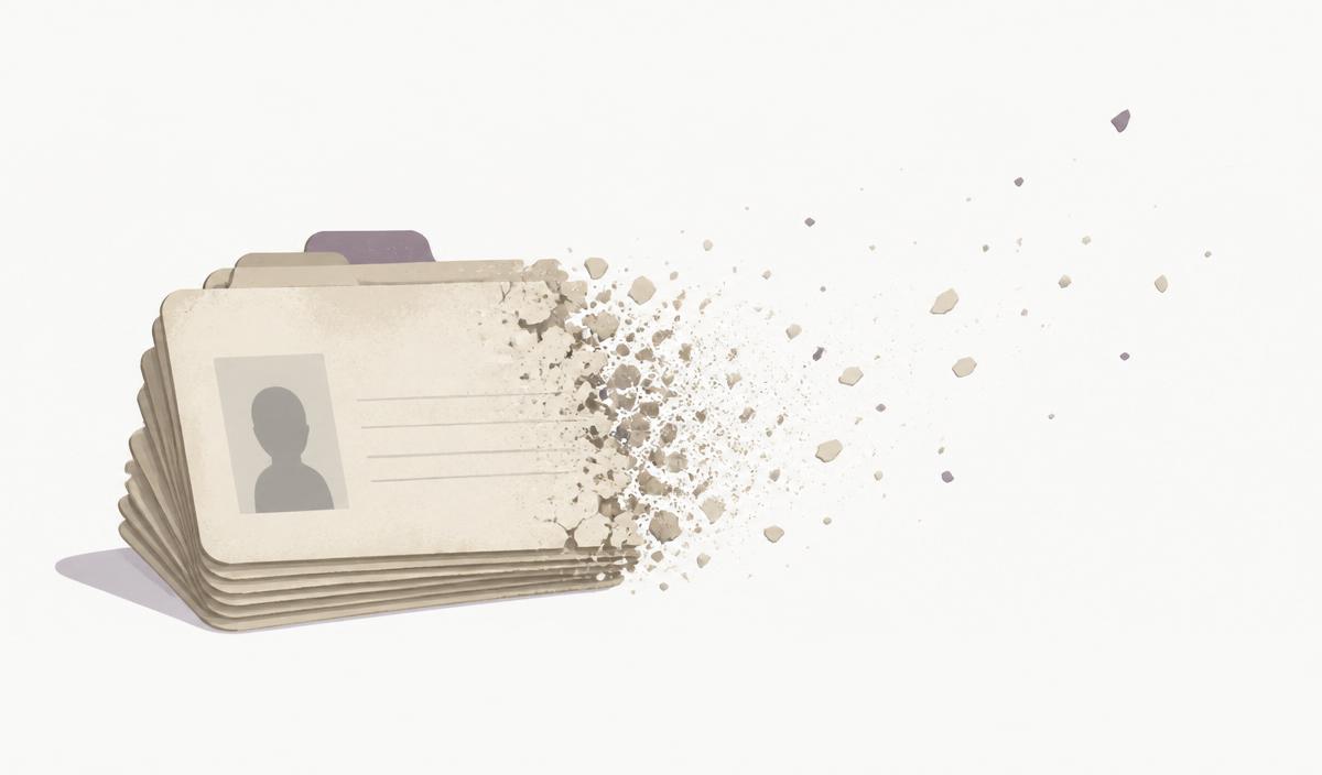 Stack of paper contact cards decaying and drifting away as dust