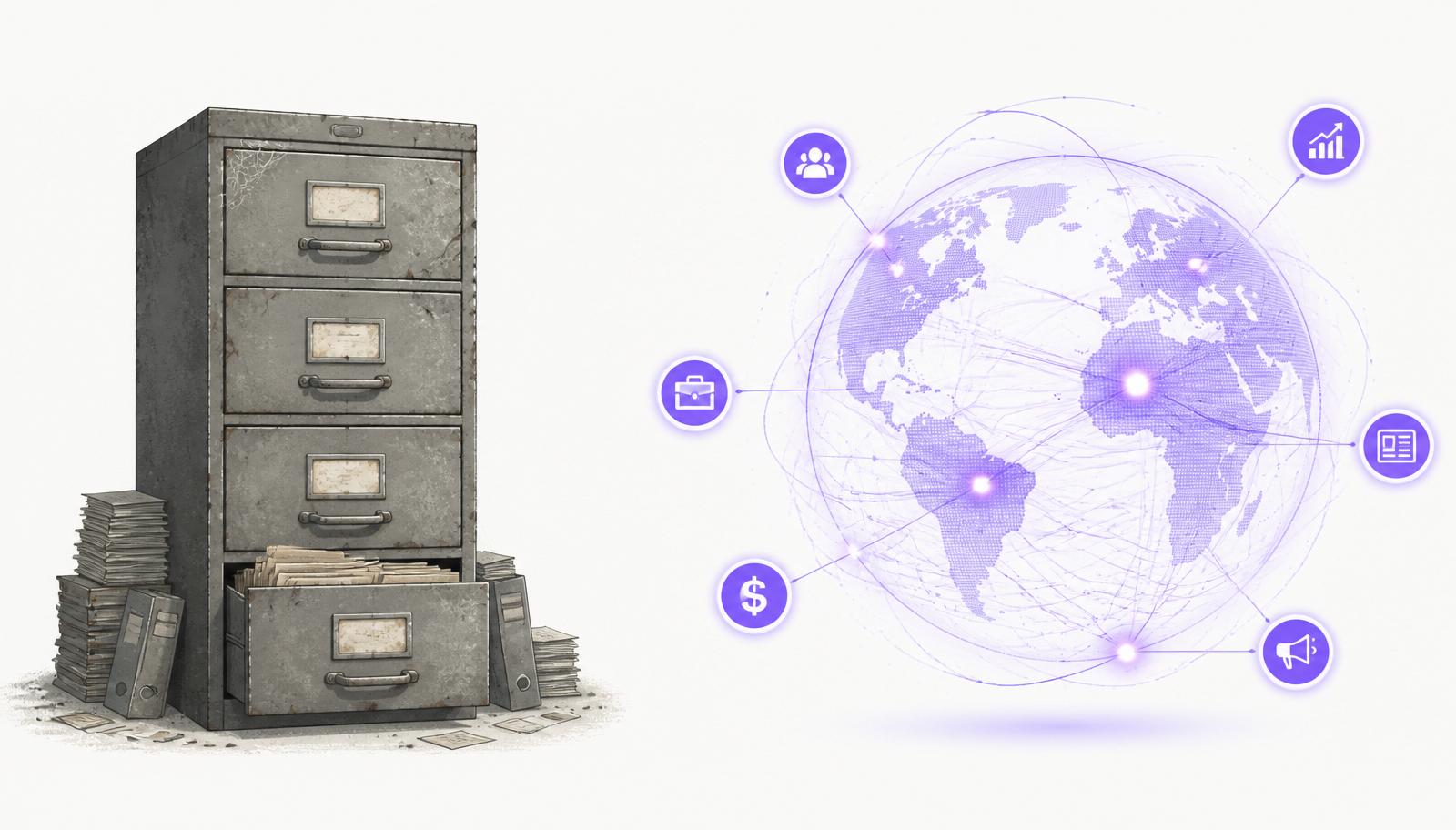 Static filing cabinet database versus a live global web of buying signals