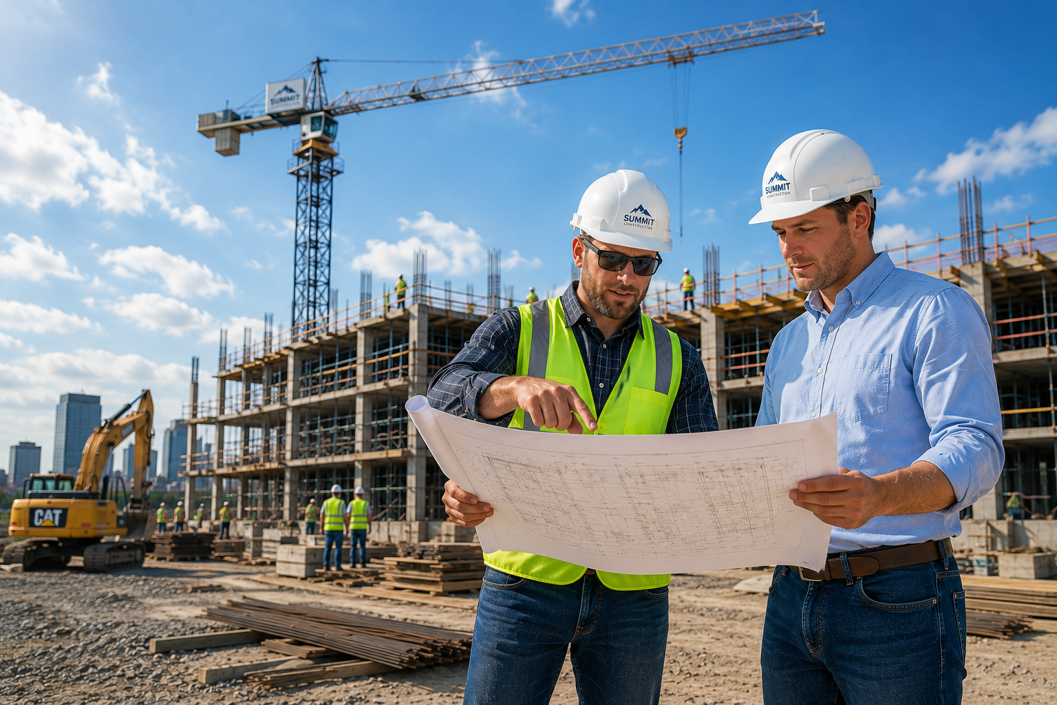 Two construction professionals in hard hats reviewing project blueprints at an active building site with a crane overhead