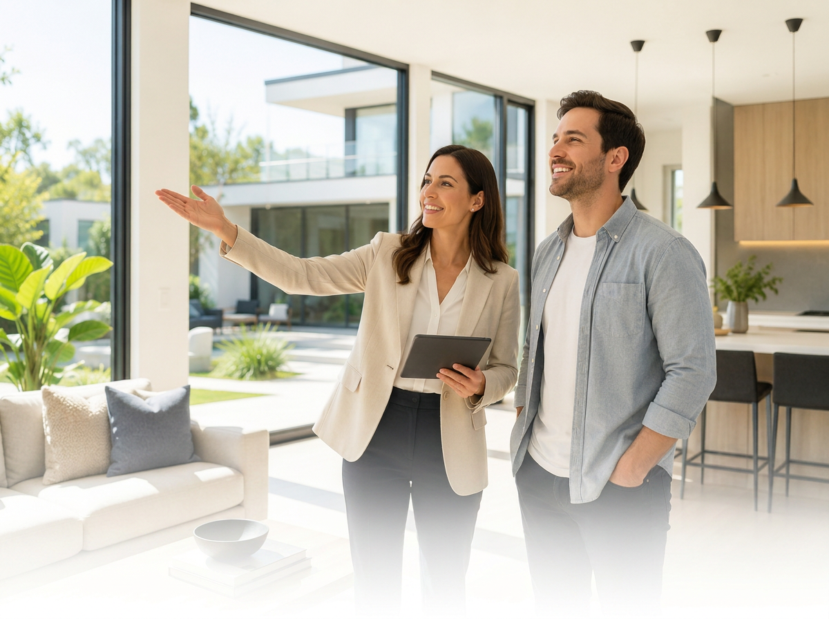 Female realtor showing a modern home interior to a prospective client