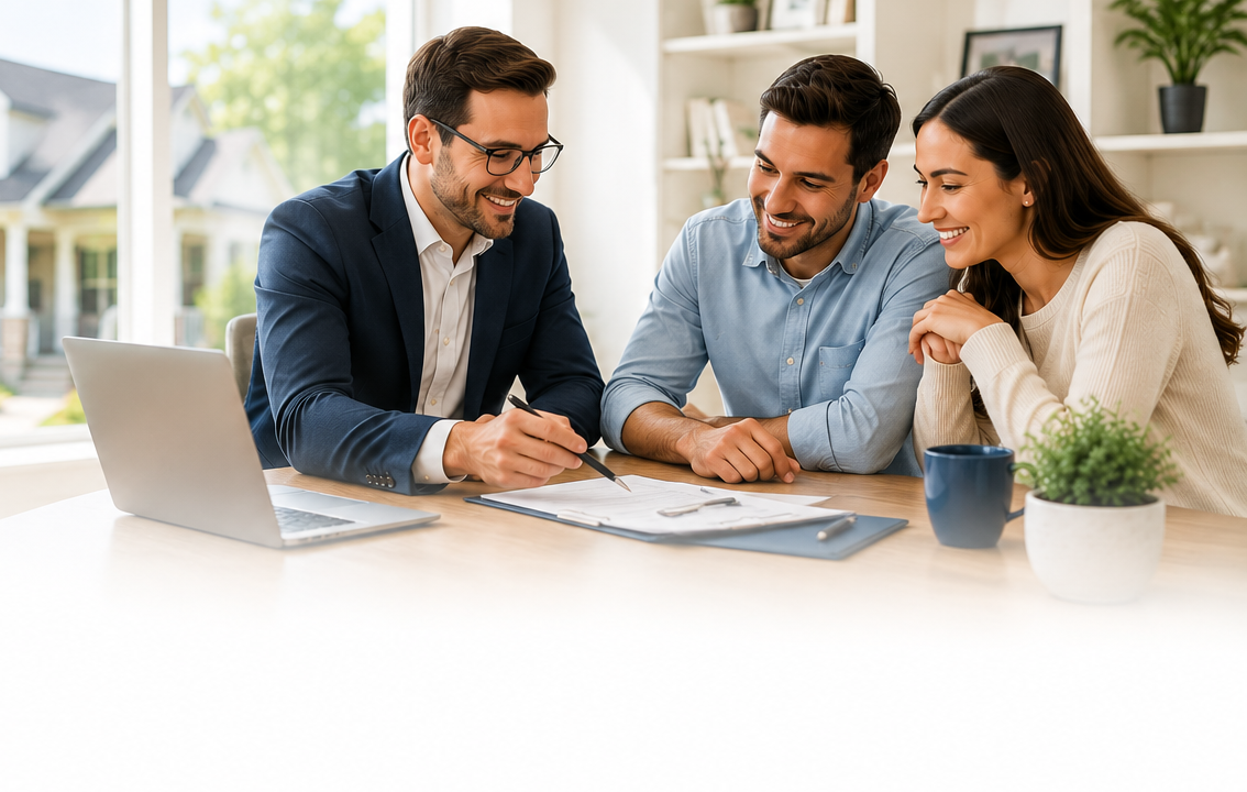 Mortgage loan officer reviewing a home loan agreement with a smiling couple at a bright office table, suburban homes visible through the window